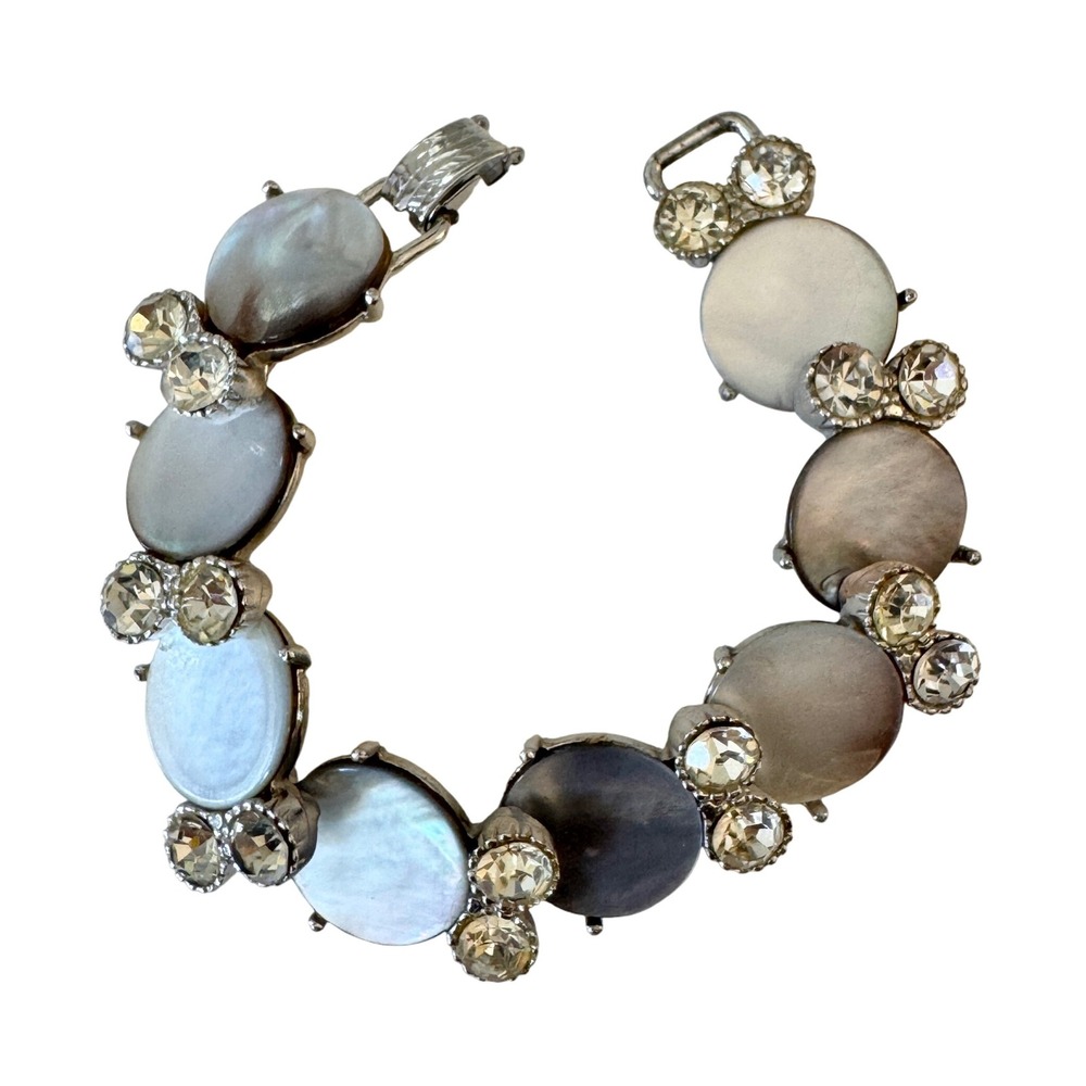 Vintage Kafin New York Gray Mother of‎ Pearl & Diamante Rhinestone Bracelet
